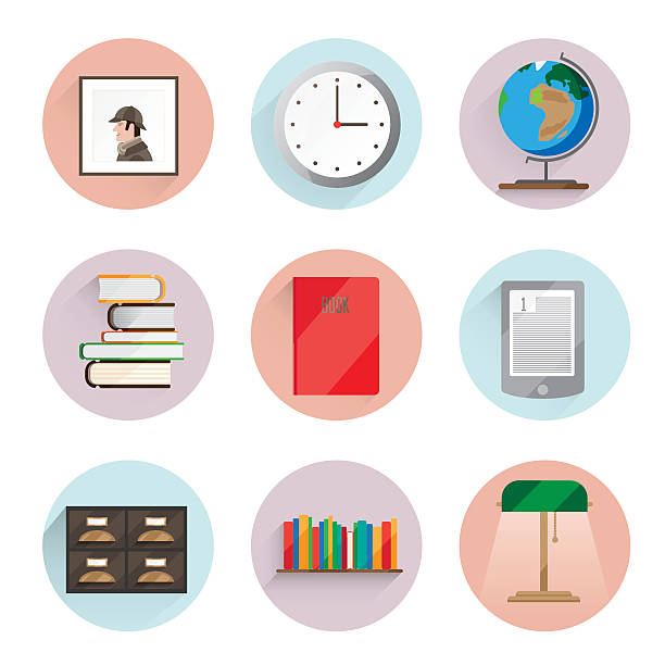 library icons library icons. It consists of a globe portrait of Holmes, a number of books, clocks, shelves, dressers and more. Objects made into flat with shadow. Background light. sherlock holmes icon stock illustrations