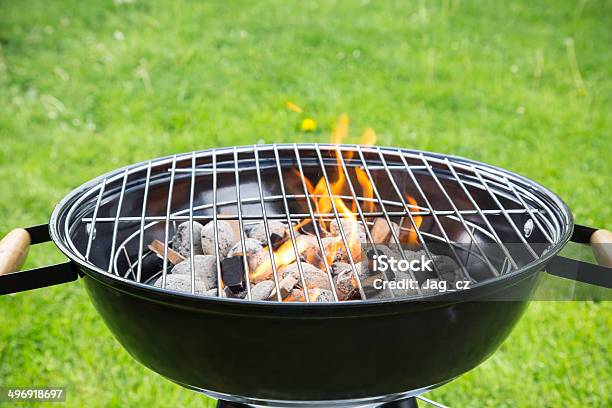 Empty Burning Grill On Garden Stock Photo - Download Image Now - Barbecue Grill, Coal, No People