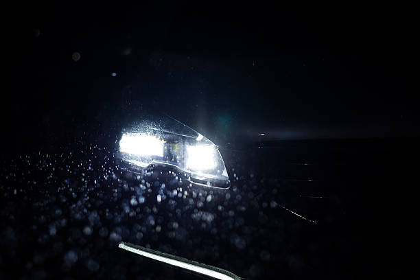 Car headlight with copy space macro view. Led or xenon lamp. Closeup of modern prestigious car. 3d illustration.