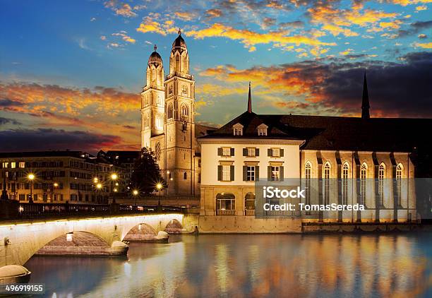 Zurich Grossmunster Stock Photo - Download Image Now - Night, Zurich, Architecture