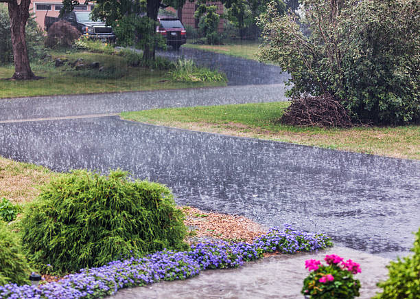 Extremely heavy torrential rain downpour on this suburban driveway and residential neighborhood street in mid-summer.