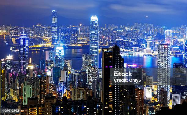 Hongkong Finance District Night Stock Photo - Download Image Now - Aerial View, Architecture, Asia