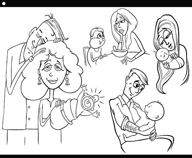parents and kids set coloring book Black and White Cartoon Illustration Set of Parents with Children and Babies for Coloring Book black baby crying drawing stock illustrations