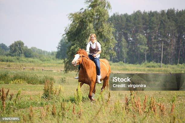 Foto de Linda Mulher Loira Passeio A Cavalo Sem Sela e mais fotos de stock de Adulto - Adulto, Alazão - Cor de Cavalo, Animal