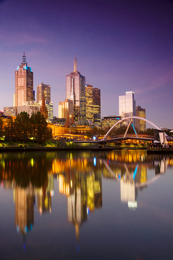 Melbourne, Australia's skyline at dusk, along the Yarra River.