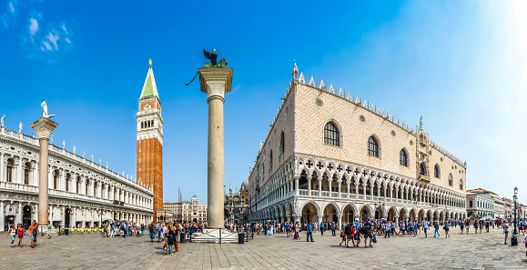 Beautiful panoramic view of historic Piazzetta San Marco with Doge's Palace and famous St Mark's Campanile, Colonne di San Marco e San Teodoro and the National Library of St Mark's on a sunny day with blue sky, Venice, Italy