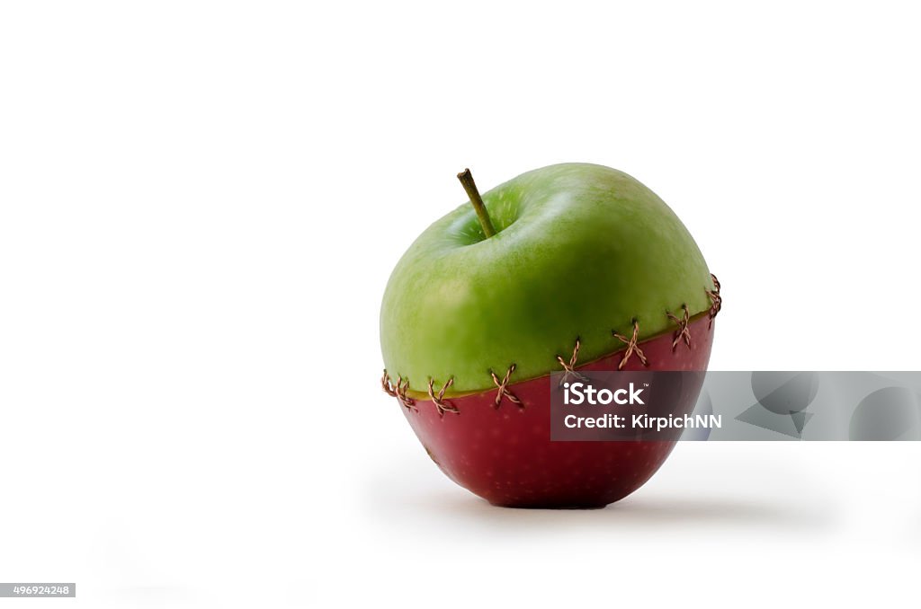 Green Red Stitched Apple The green and red apples stitched with a copper wire Customized Stock Photo
