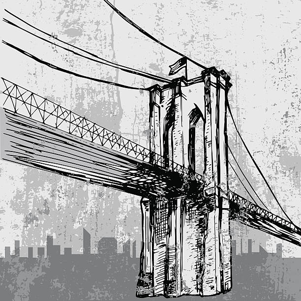 ilustraciones, imágenes clip art, dibujos animados e iconos de stock de puente de brooklyn-dibujados a mano dibujo vectorial - new york city skyline bridge brooklyn