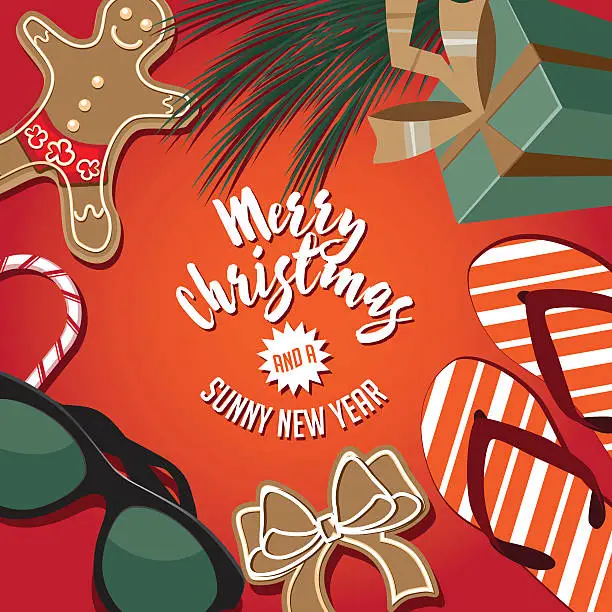 Vector illustration of Merry Christmas and sunny new year from a warm locale