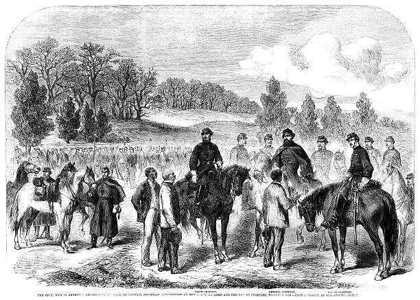 American Civil War reconnaissance (ILN 1862) A reconnaissance party, including the Comte de Paris, General George Stoneman Jr. and the Duc de Chartres, at Cedar Run, interviewing some escaped slaves to gain intelligence. The Comte and the Duc were Orleanist princes. The battle, known as the Battle of Cedar Mountain, or Slaughter’s Mountain, took place  on 9th August 1862. From an edition of “The Illustrated London News” dated Saturday 10th April, 1862; no 1140. american slavery stock illustrations