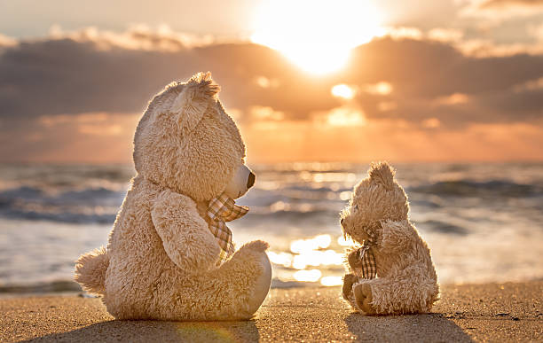 istock Teddy bears sitting on the beautiful beach with love. 496926222