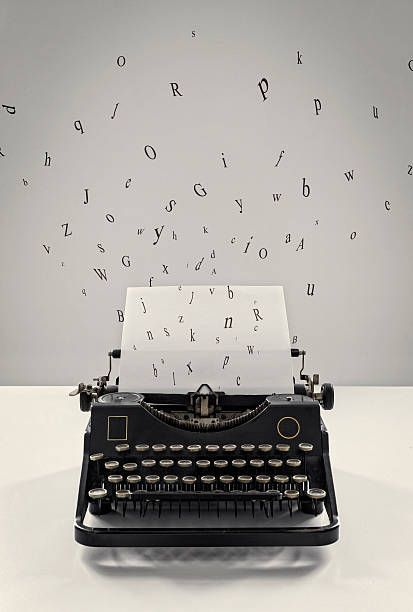 Old vintage black typewriter, flying letters, sheet of paper, creativity Old, vintage black typewriter with sheet of paper and flying letters on white and gray background. Retro style. typewriter writing retro revival work tool stock pictures, royalty-free photos & images