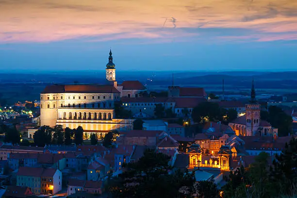 Nice view on city Mikulov with castle in night after sunset