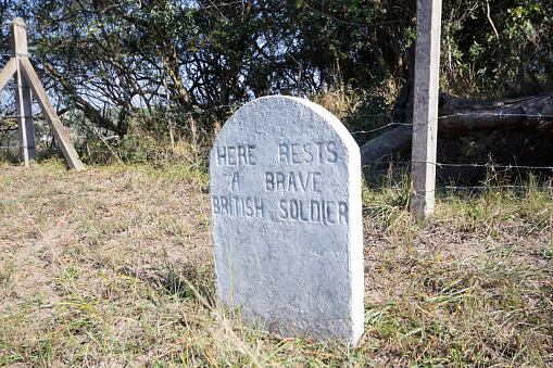 A British cemetery in KwaZulu-Natal, where the British Empire fought several battles with the Boers and Zulus. It reads: HERE RESTS A BRAVE BRITISH SOLDIER