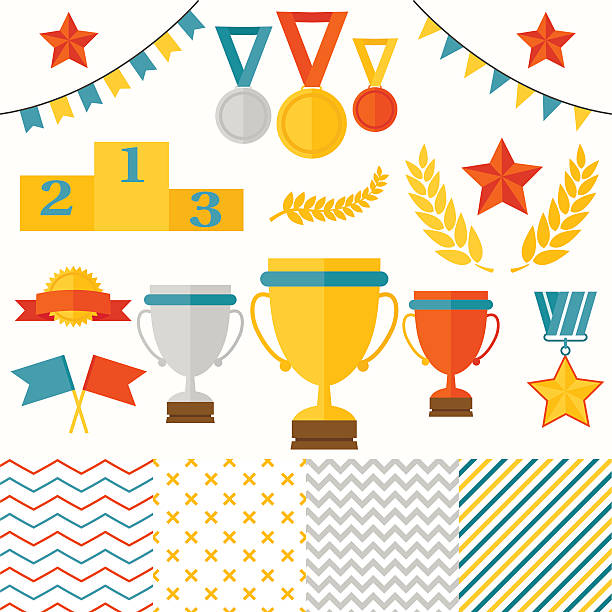 ilustrações de stock, clip art, desenhos animados e ícones de troféu e os vencedores ícones definido. - ranking medal first place laurel wreath