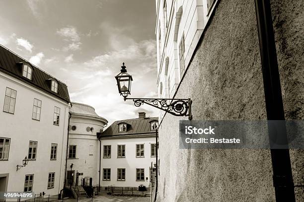 Black White Street Lamp And An Alley Stock Photo - Download Image Now - Alley, Architecture, Balcony