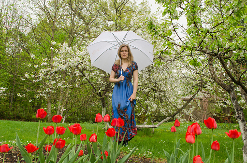 beautiful blonde girl with blue dress posing in park flower tree with umbrella