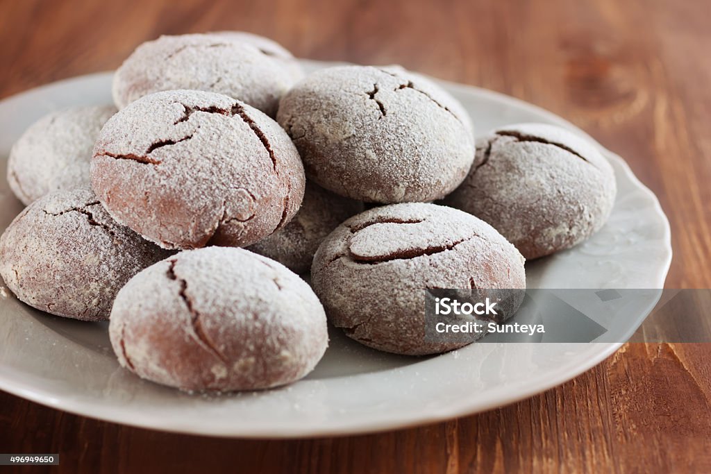 Brownie krinkle cookies. Chocolate dessert Brownie krinkle cookies. Powdered Sugar chocolate pastry 2015 Stock Photo