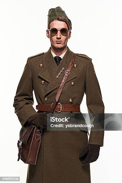 Military Uniform Fashion Man Against White Background Stock Photo - Download Image Now