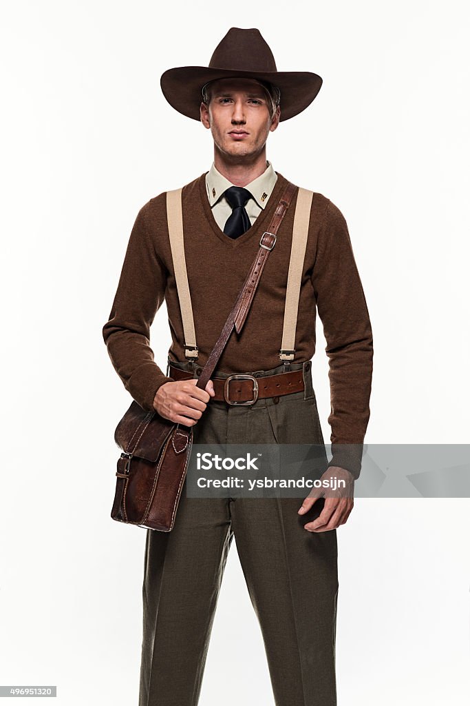 Ranger uniform fashion man against white background. Park Ranger Stock Photo