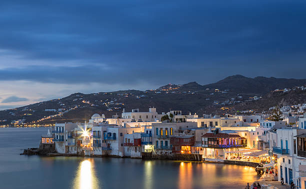 Little Venice of Mykonos town at blue hour, Greece stock photo