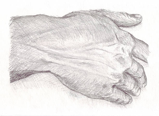 Pencil sketch showing close up detail of a masculine mans hand.
