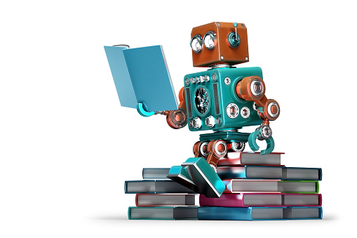 Retro robot reading a book. Isolated over white. Contains clipping path
