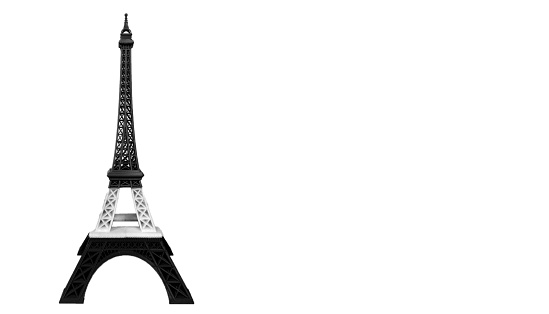 Pray for Paris Concept, Eiffel Tower Model in Monotone Black and White Stripe printed by 3D Printer at Corner with Copyspace to input Text or for Mock Up Display Product