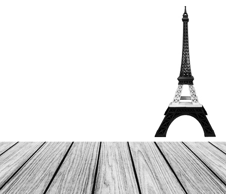 Pray for Paris Concept, Wooden Terrace Platform with Eiffel Tower Model in Monotone Black and White Stripe printed by 3D Printer at Corner with Space to input Text  for Mock Up Display Product