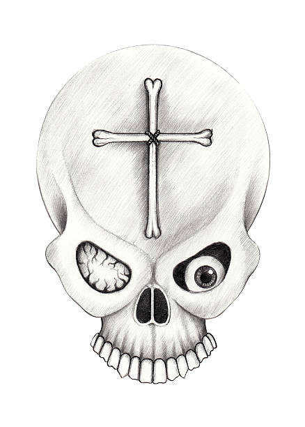 Art Skull cross tattoo. Art design skull head mix cross tattoo hand pencil drawing on paper. cartoon of painted skull faces stock illustrations