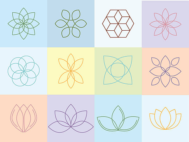 Flowers silhouttes and icons Vector flowers silhouettes and icons design for spa center or yoga studio. Graphic design elements in outline style. lotus flower stock illustrations