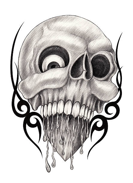 Art Skull heart tattoo. Art design skull head mix heart and tribal tattoo hand pencil drawing on paper. cartoon of painted skull faces stock illustrations