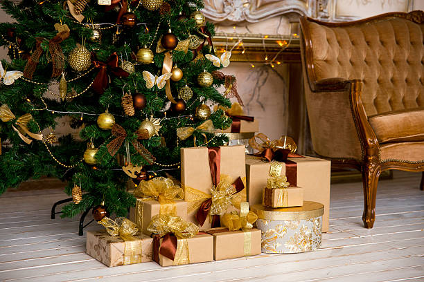 istock Christmas interior in gold color 496959028