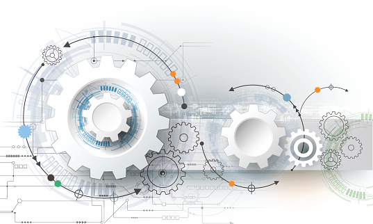 Vector illustration gear wheel, hexagons and circuit board, Hi-tech digital technology and engineering, digital telecom technology concept. Abstract futuristic on light blue color background