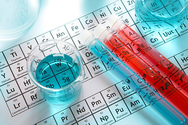 Chemistry research laboratory, glass equipment, test tubes, element periodic table Chemistry research laboratory with glass equipment, test tubes with red liquid on periodic table background showing chemical elements. Selective focus. Light blue background. periodic table photos stock pictures, royalty-free photos & images