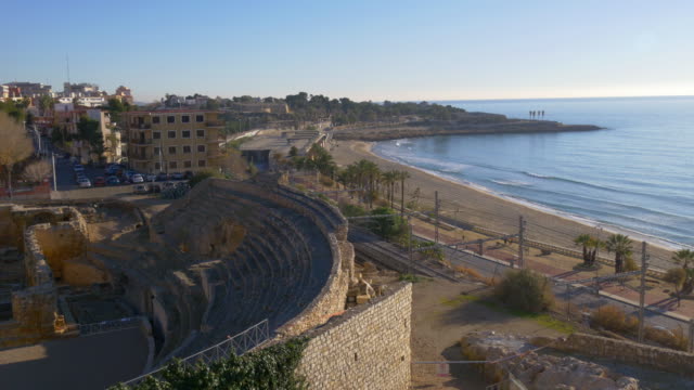 amphitheatre of tarragona and the mediterranean sea beach 4k