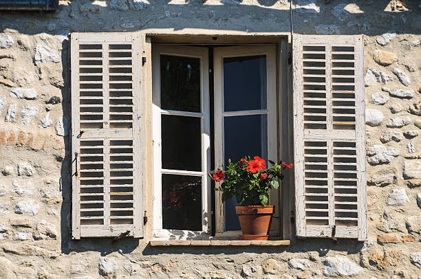 A red hibiscus adds a bit of color to a window sill in France.