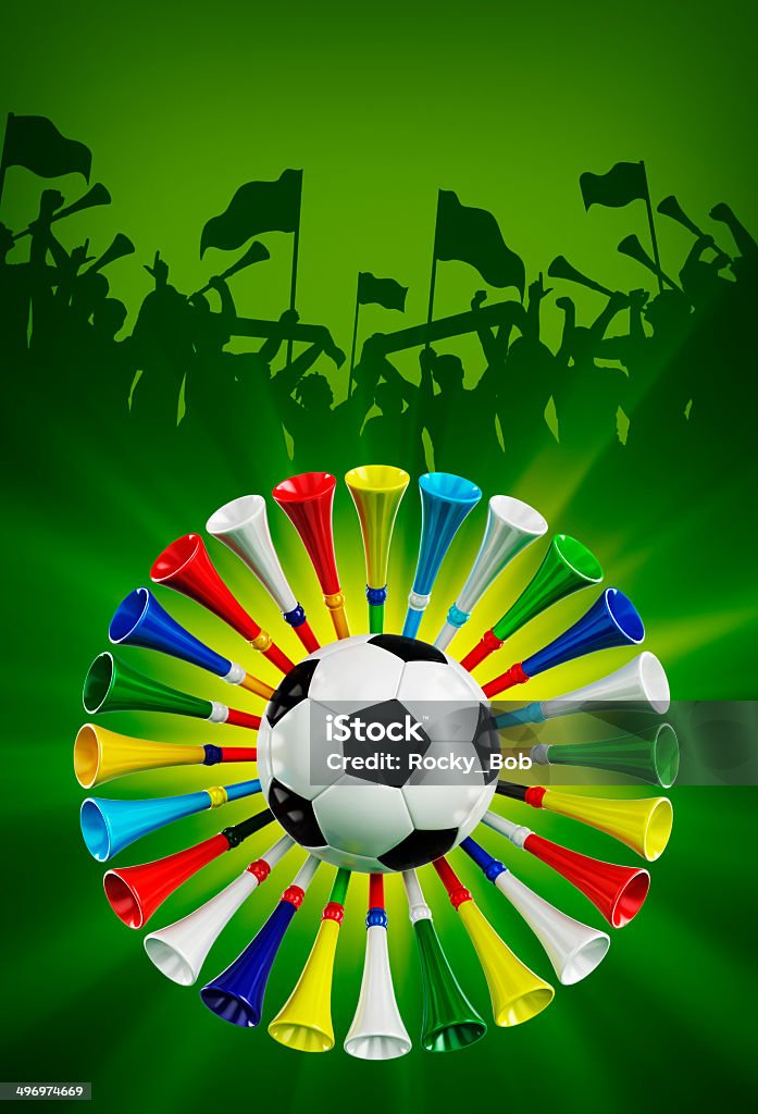 Soccer fans Soccer ball surrounded by vuvuzela and the silhouettes of cheering fans Arms Raised Stock Photo