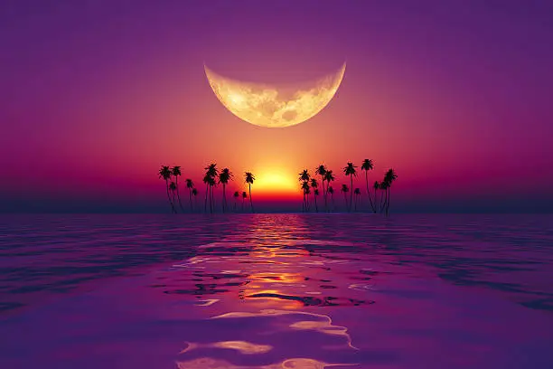 Photo of big moon over purple sunset
