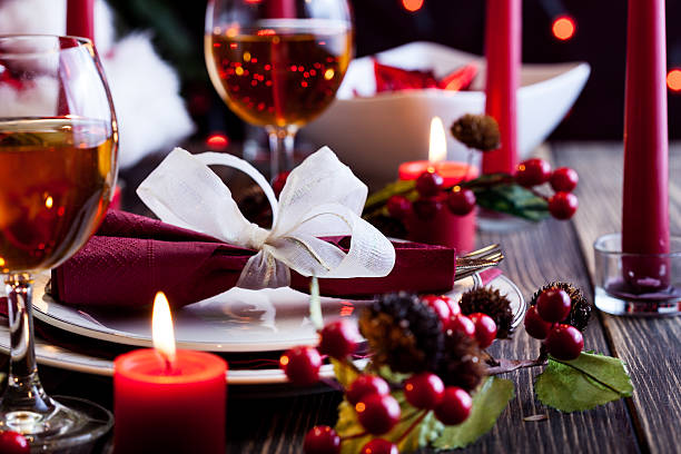 Christmas dishware on the table stock photo