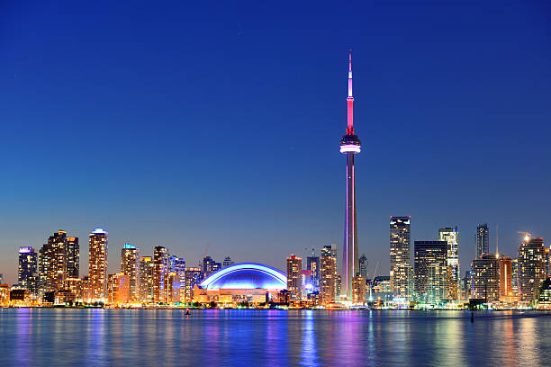 Toronto skyline Toronto sunset over lake panorama with urban skyline. ontario canada stock pictures, royalty-free photos & images