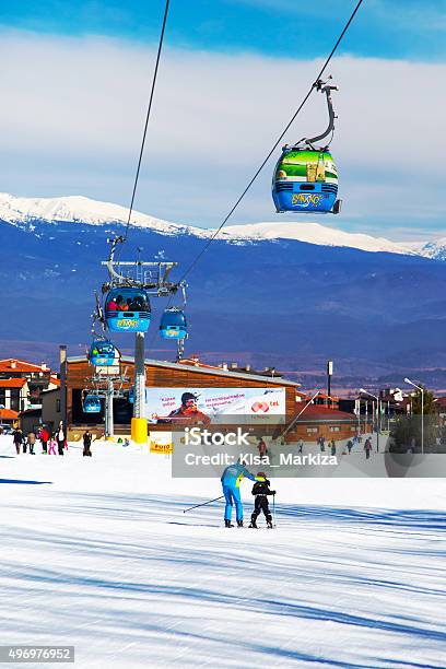 Bansko Cable Car Cabin And Snow Peaks Bulgaria Stock Photo - Download Image Now - 2015, Activity, Bansko