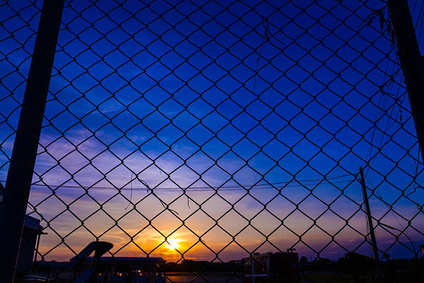 istock mesh fence with the sun set 496979106
