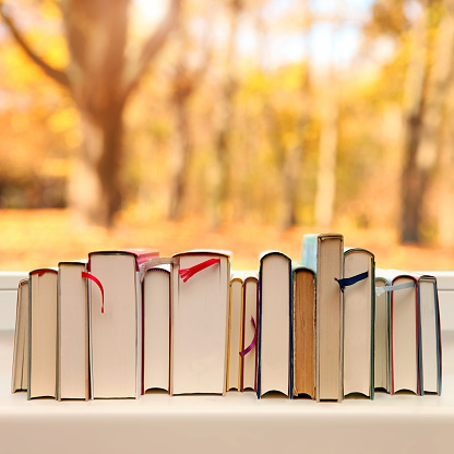 Row of books showing the top edge with pages. spine headband and bookmark, aligned on a white wooden window sill. Behind the glass a defocused yellow background of a forest scene during autumn season. Reading and studying with relaxation in a sunny morning, with a tranquil and fresh background.