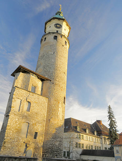 The ruins of Renaissance castle Neideck (1553-1560), including restored Bell Tower; Arnstadt, the oldest town in Central Germany; Turingia, Germany
