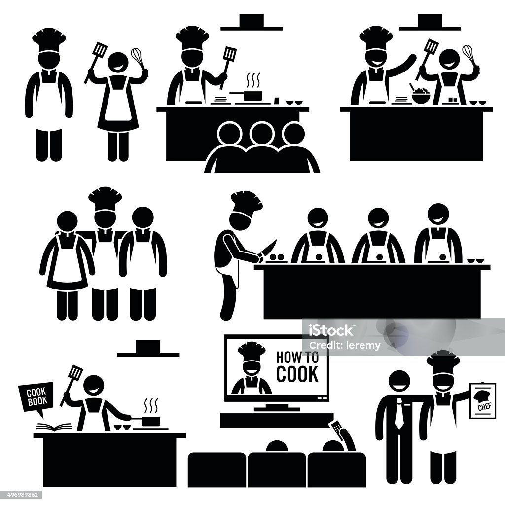 Cooking Class Chef Cook Stick Figure Pictogram Icons Set of human pictogram representing cooking class and courses. The student are learning from the chef. The chef demonstrate how to cook. We can also learn cooking from cook book and television. Chef stock vector