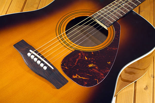istock Acoustic guitar top with six strings closeup 496993239