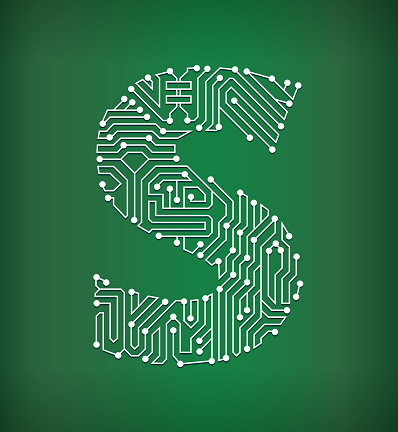 Letter S Circuit Board on royalty free vector background. The electric circuit board is white and is set against a green background. Detailed illustration of the circuit board fill up the entire object and forms clean edges. Icon download includes vector art and jpg file.