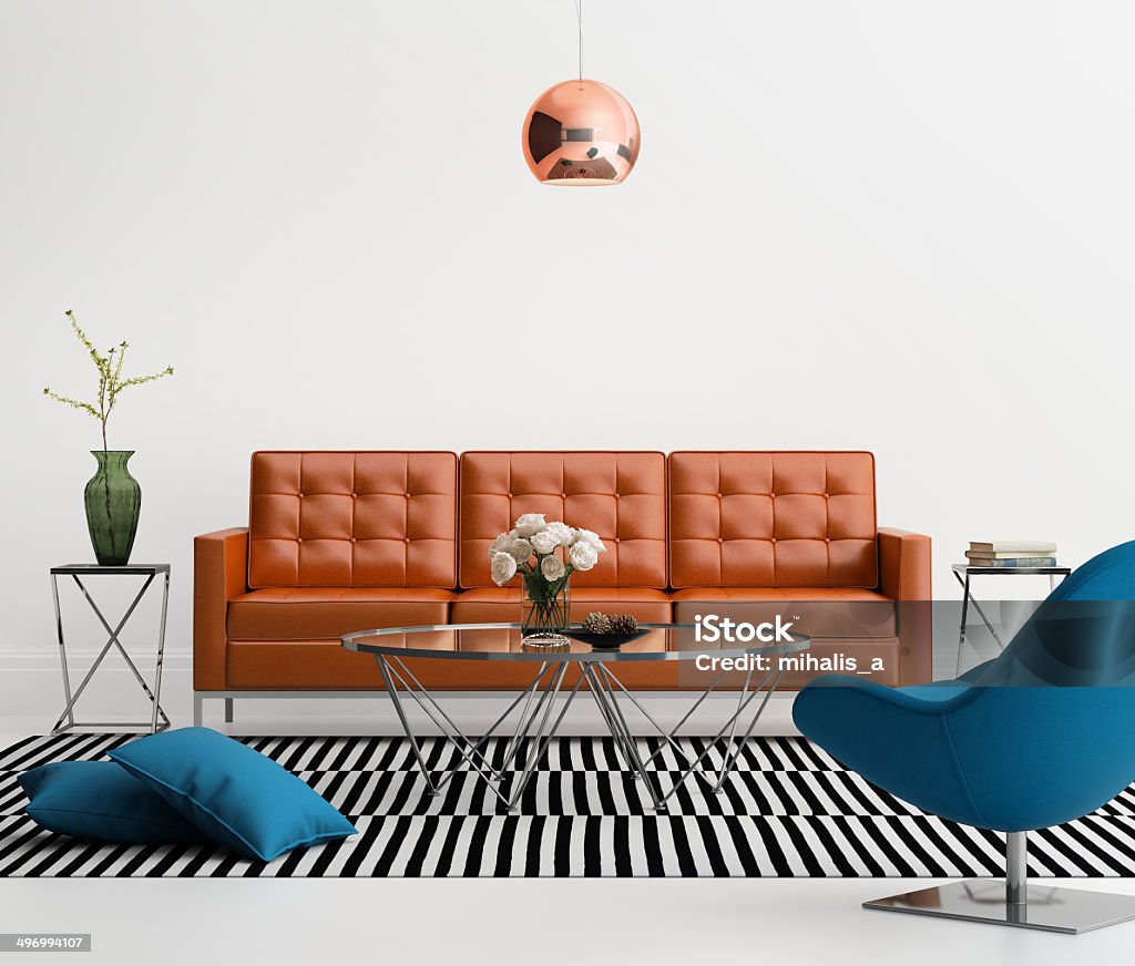 Contemporary living room with orange leather sofa 3d rendering of a contemporary living room with orange leather sofa Leather Stock Photo