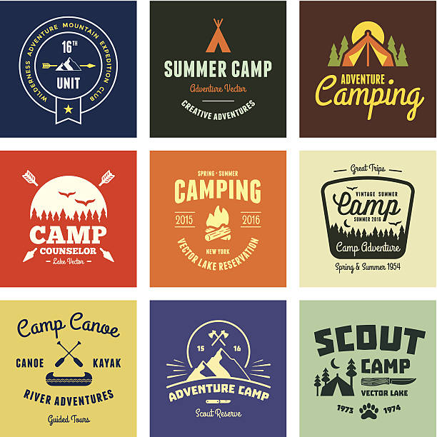 Vintage camp graphics Set of retro vintage camp labels and graphics. camping patterns stock illustrations